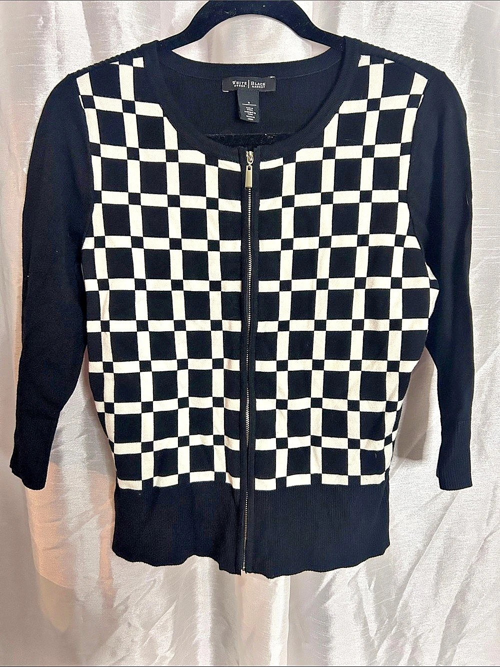 White House Black Market Checkered Zip Cardigan in Black & White Size Small